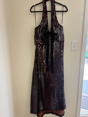 NWT Maude Club x Anthropologie Greta Dress 1X chocolate Brown Sequin Halter Maxi